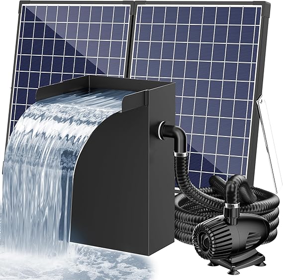 POPOSOAP 55W Solar Pond Waterfall Box with Fountain Pump, 304 Stainless Steel Pond Waterfall Spillway, Pond Spillway with 9.8FT PU Corrugated Tubing for Garden Waterfall,Water Features